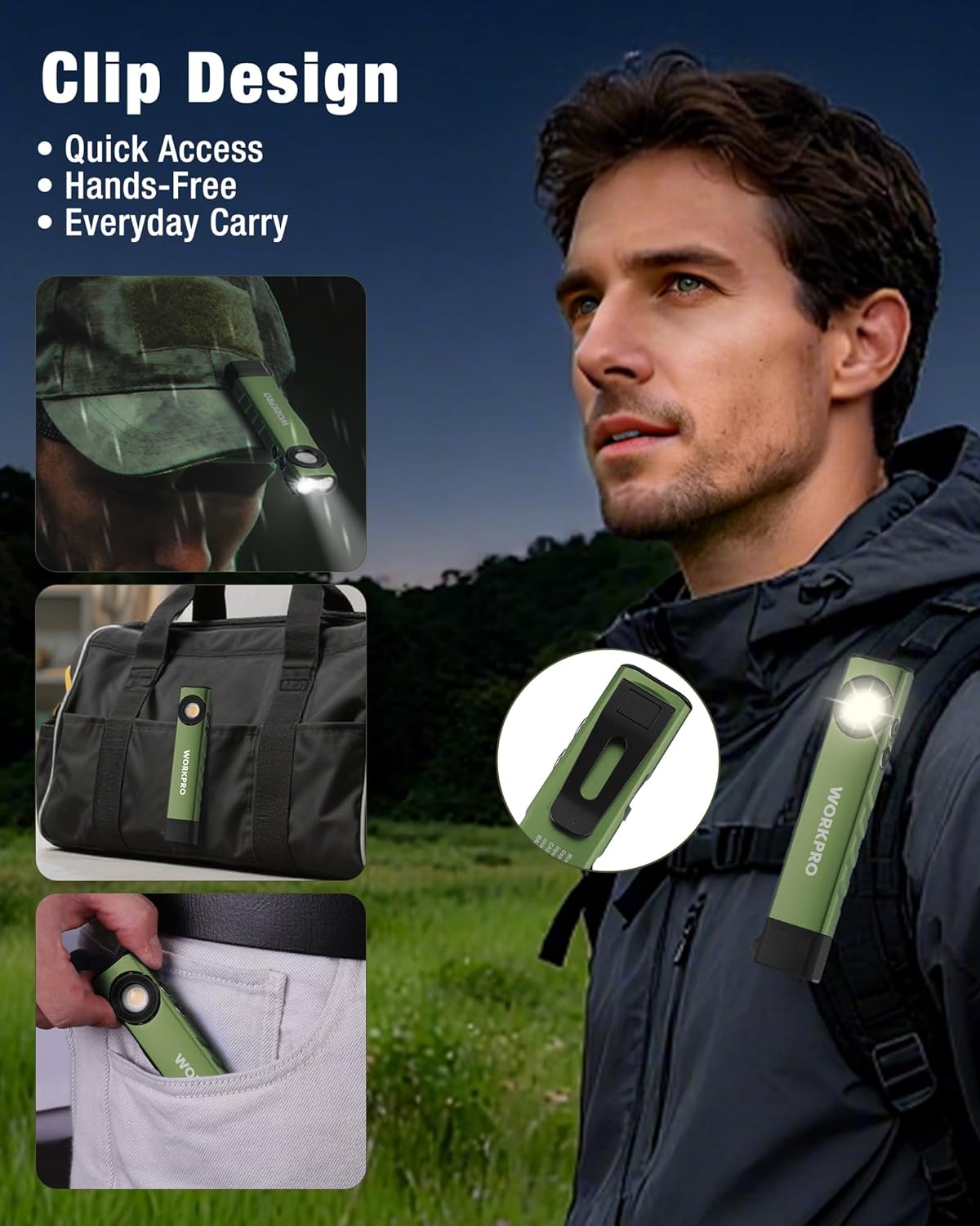 Green EDC flashlight with clip design for hands-free carry on belt or pocket