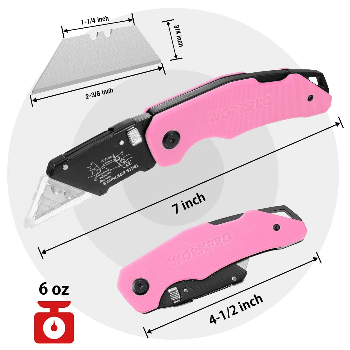 Pink G10 folding utility knife with transparent blade cover and size markings