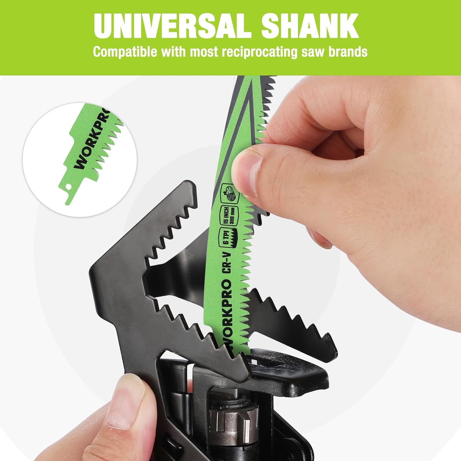 WORKPRO universal shank reciprocating saw blade, 6TPI arc edge, held by hand