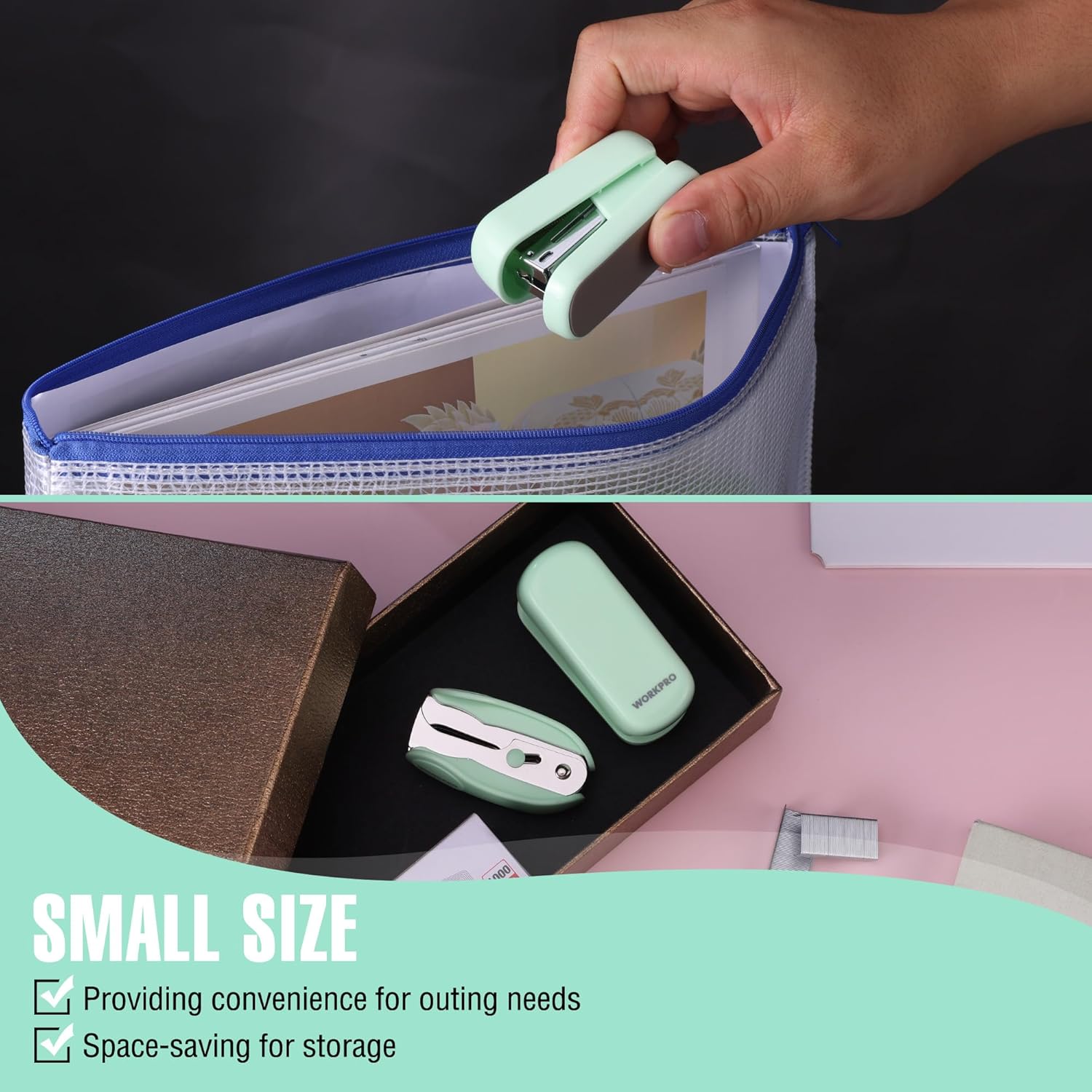 Green mini stapler and staple remover stored in a compact case
