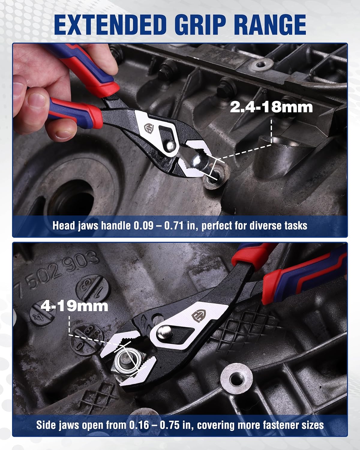 Slip-joint pliers with adjustable head and side jaws for multiple fastener sizes
