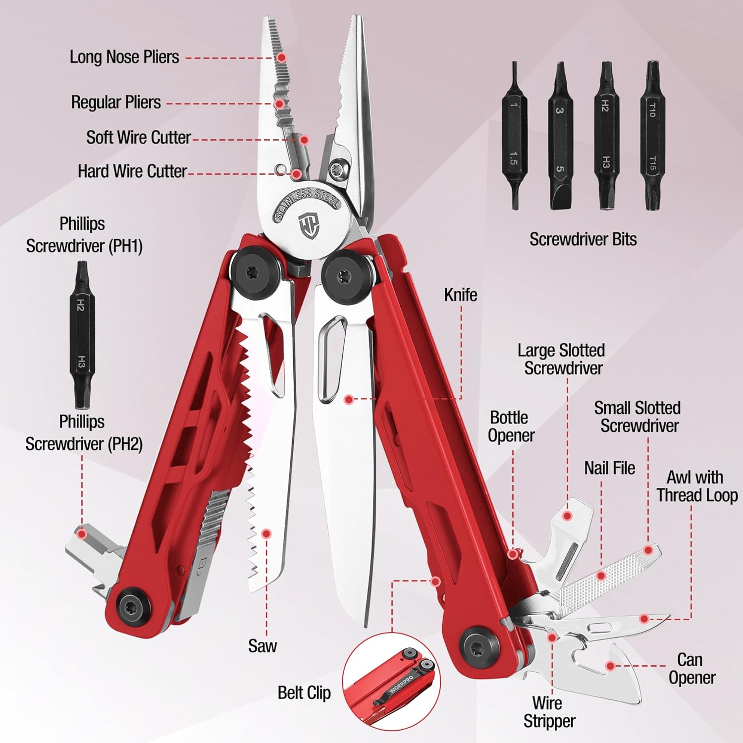 Red stainless steel multitool pliers with knife, saw, screwdrivers, and wire tools