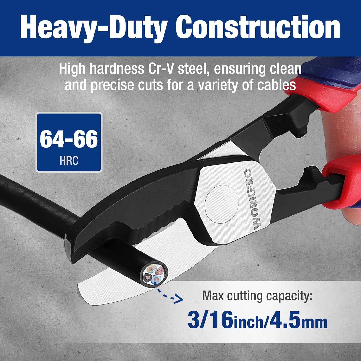Twin-jaw cable cutter with CR-V steel cutting edges; black head, red grip.