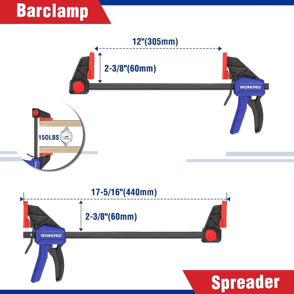 WORKPRO 12 in bar clamp with red end pads and spreader bar, light-duty 150 lb