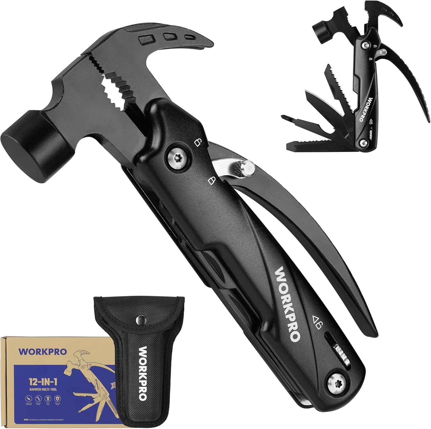 Black WORKPRO 12-in-1 multitool with tools folded and matching fabric pouch