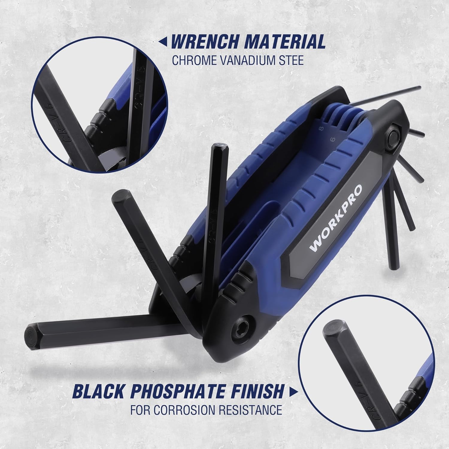 WORKPRO folding hex key set with blue body and black phosphated steel key ends