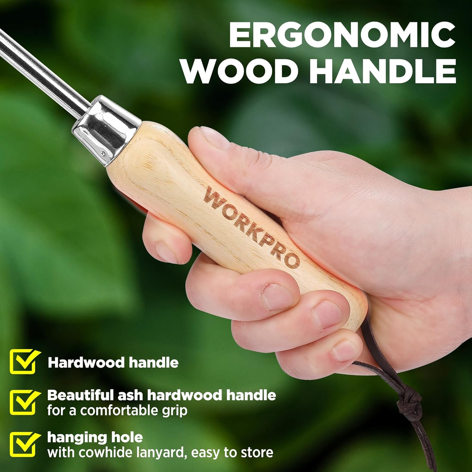 Ergonomic wooden-handled weeder tool with polished steel shaft and two-pronged tip