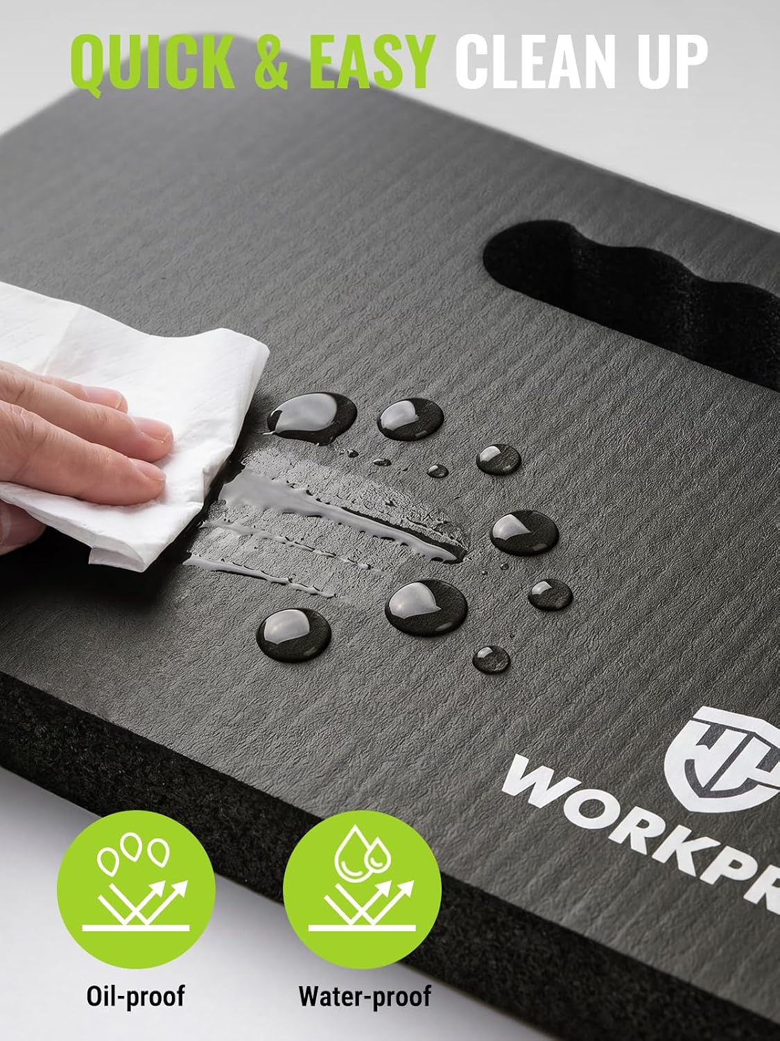 WORKPRO extra thick kneeling pad in black and blue with foam padding, oil proof and water proof surface