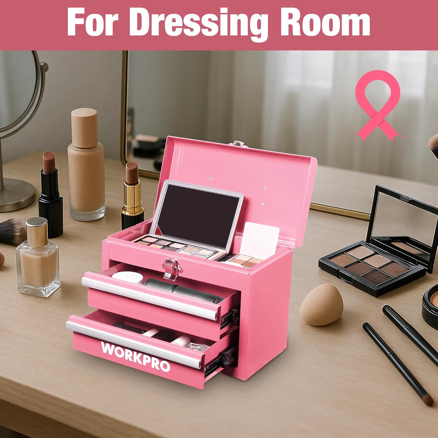 Pink mini tool chest with open lid on vanity, drawers for tools and cosmetics