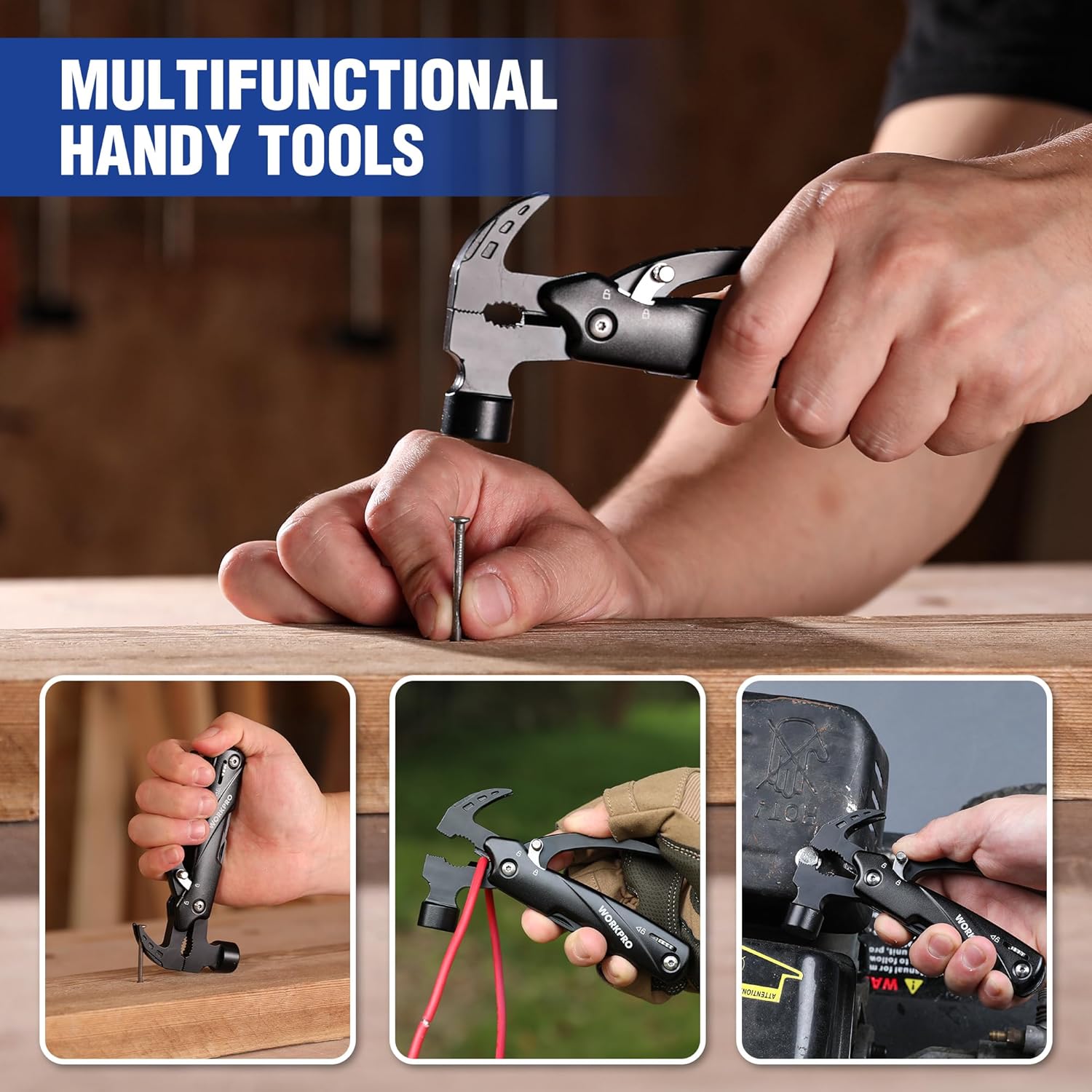 Black 12-in-1 multitool being used to pull a screw from wood with pliers