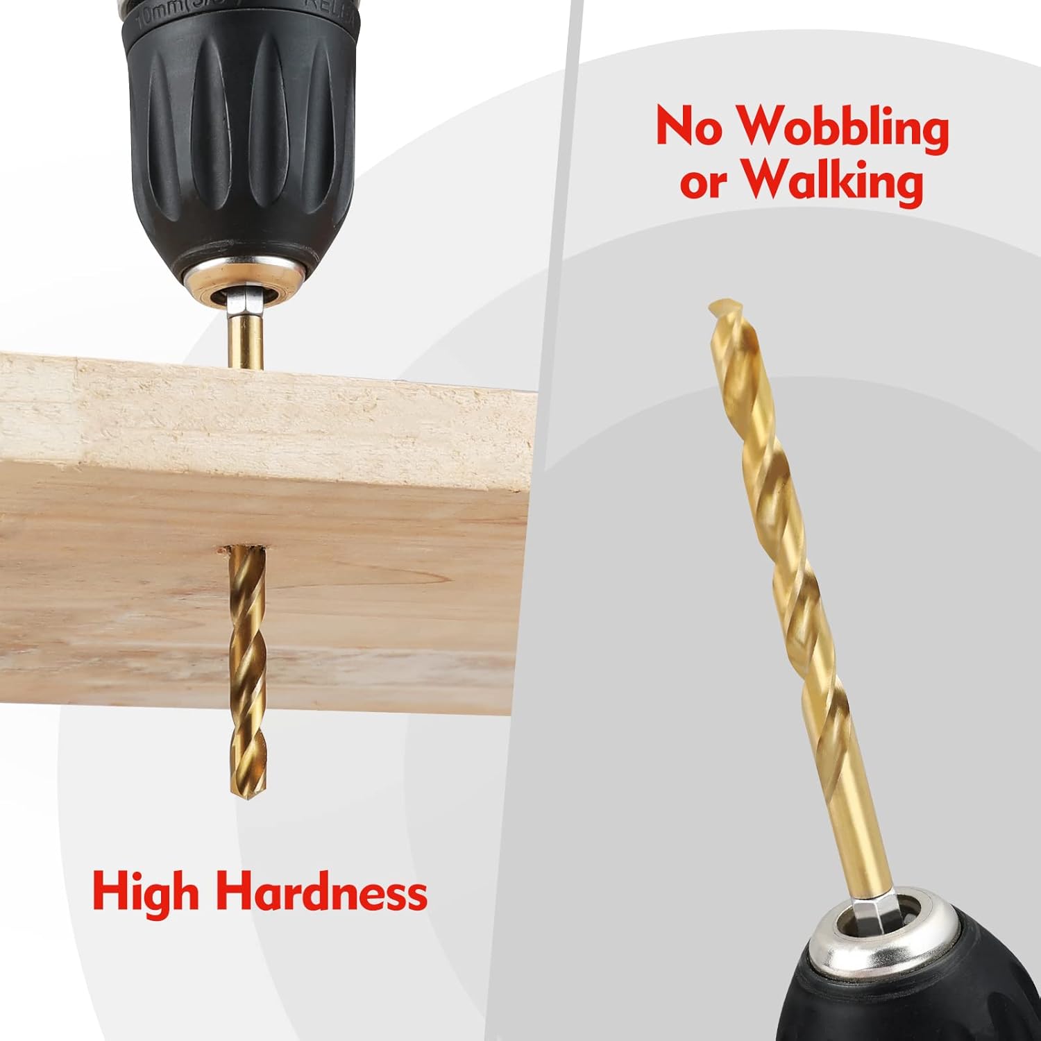 Gold spiral drill bit with silver hex shank drilling into light wood