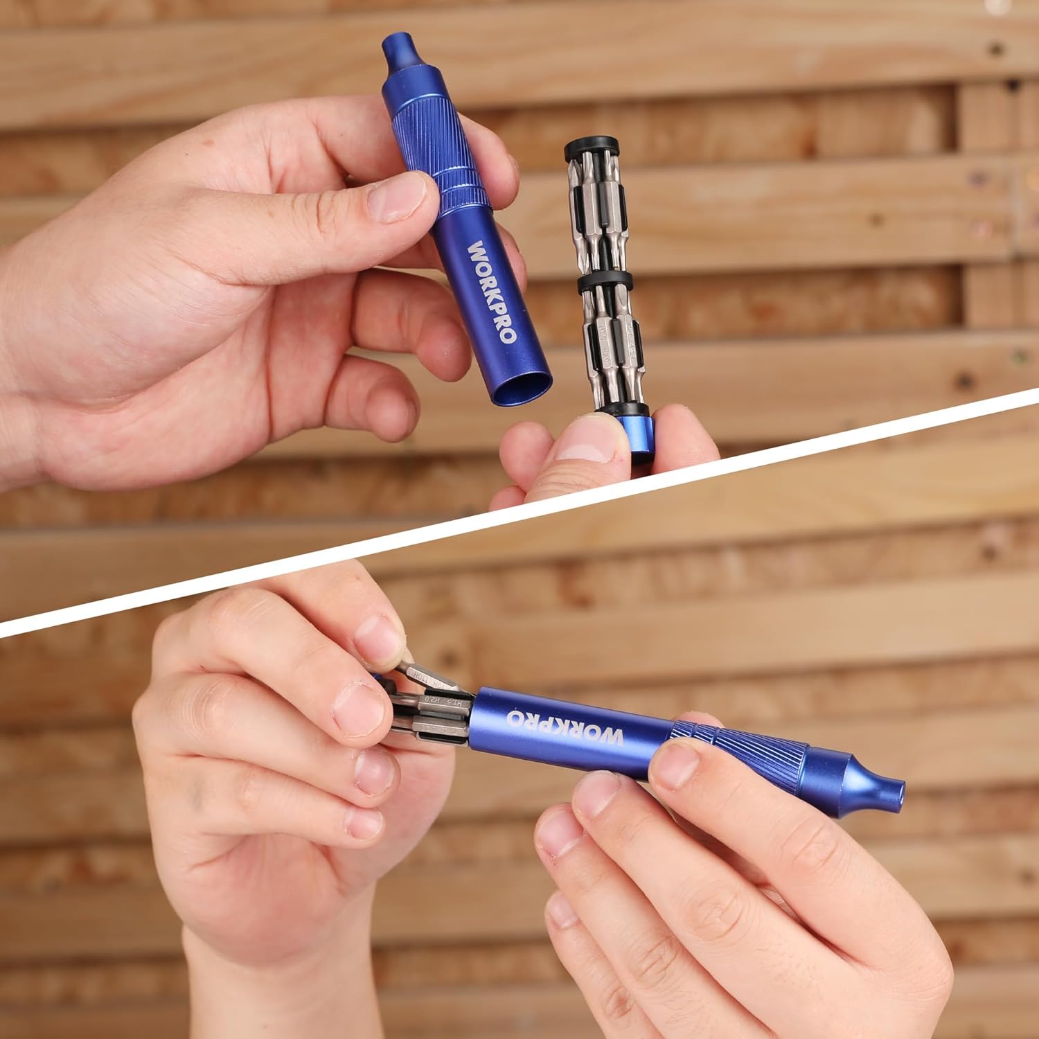 Blue WORKPRO pen screwdriver held in hand with bit tip for small screws