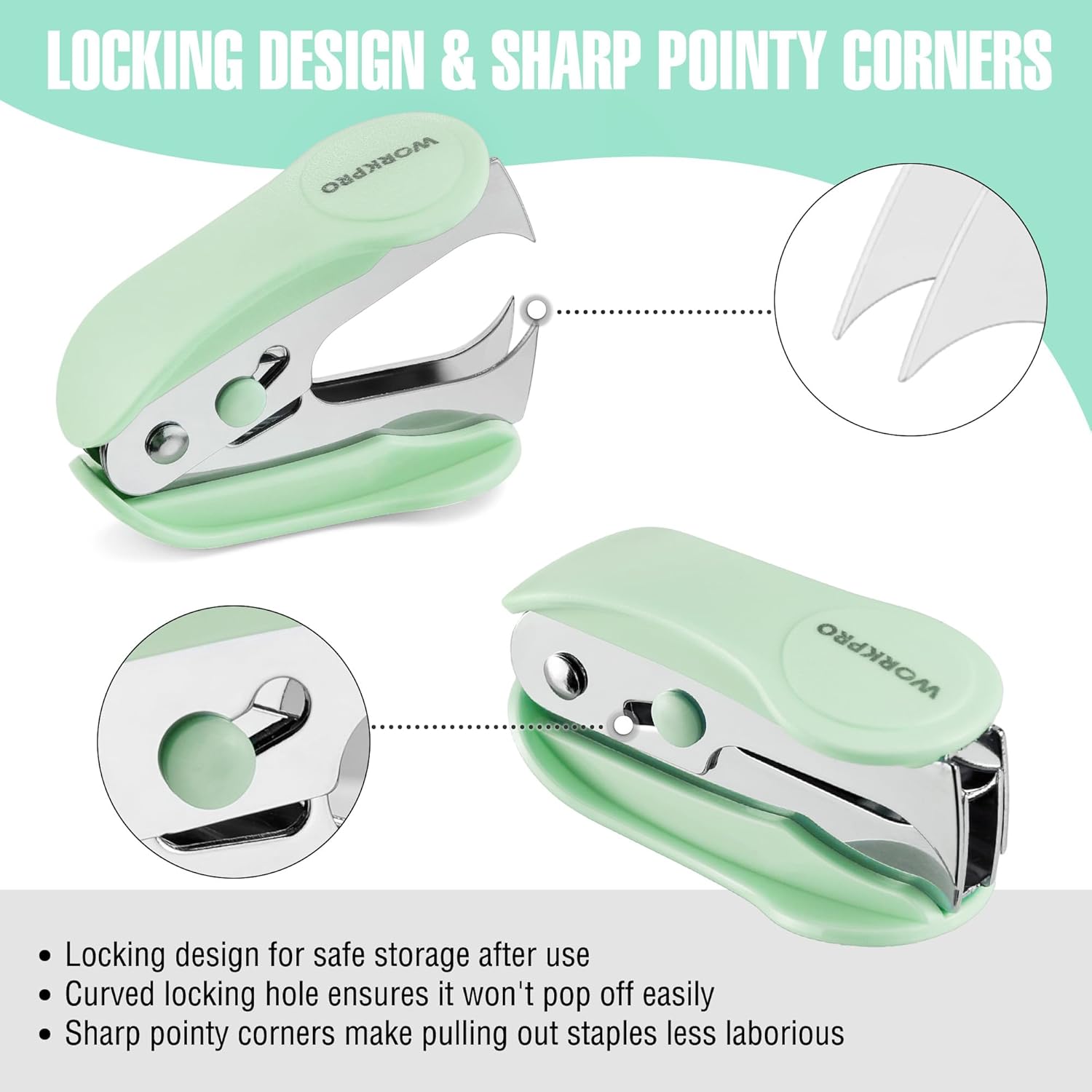Green mini stapler with locking design and sharp corners, plus staple remover tool