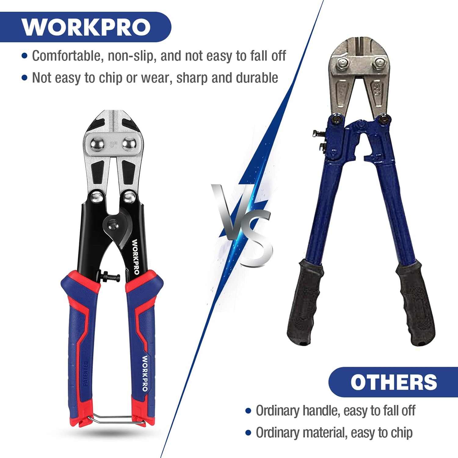 Mini bolt cutter shown open and locked, with long blue handles and metal jaws