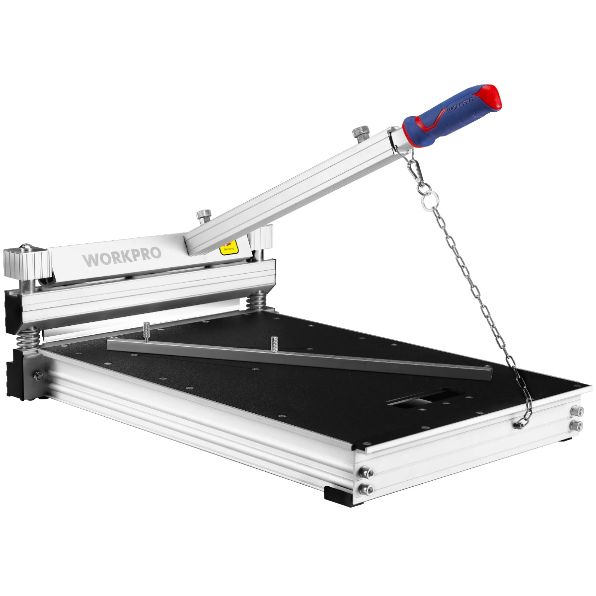 Laminate vinyl floor cutter with extended frame, black cutting bed, and hanging chain