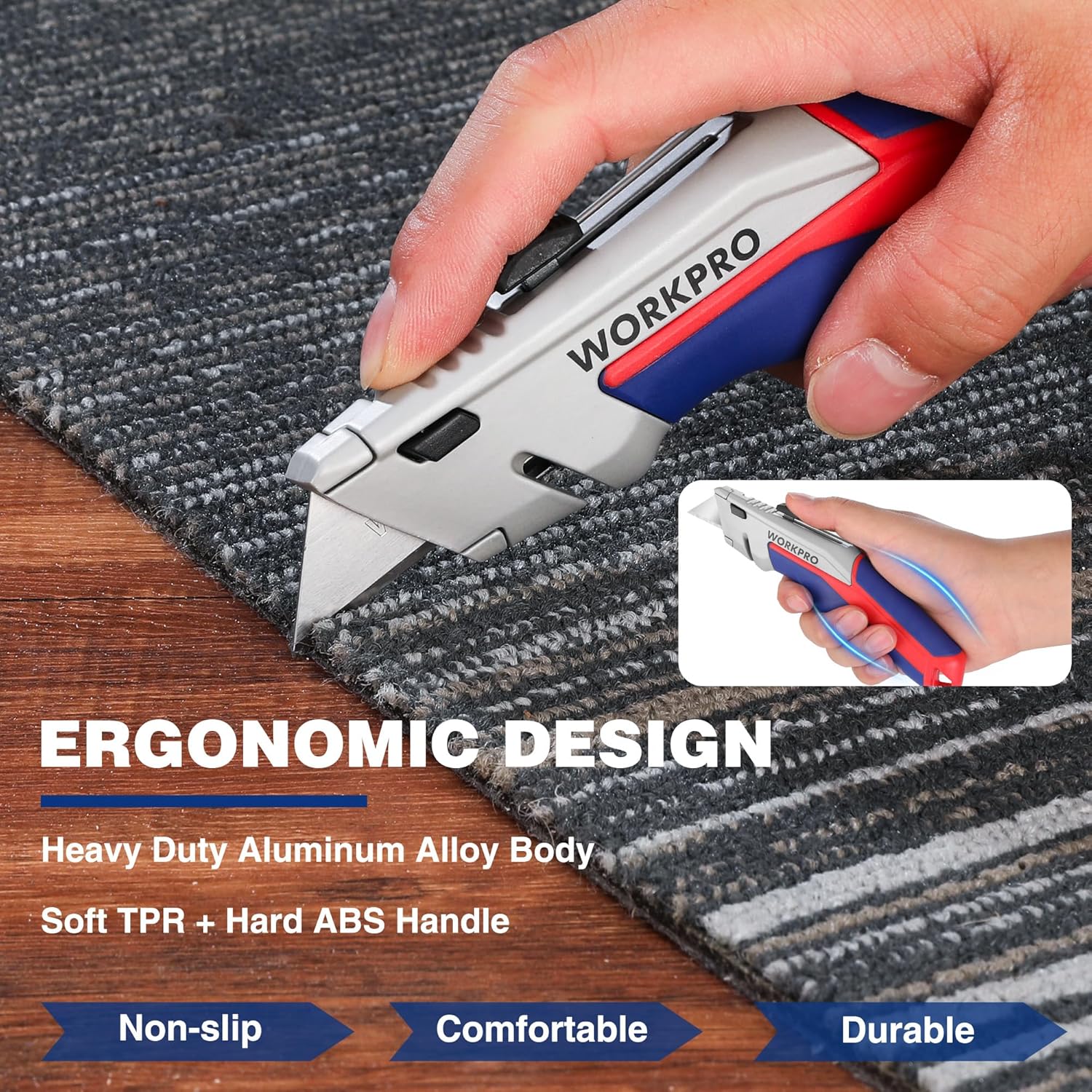 Retractable utility knife with blue handle and red grip, cutting on fabric surface.