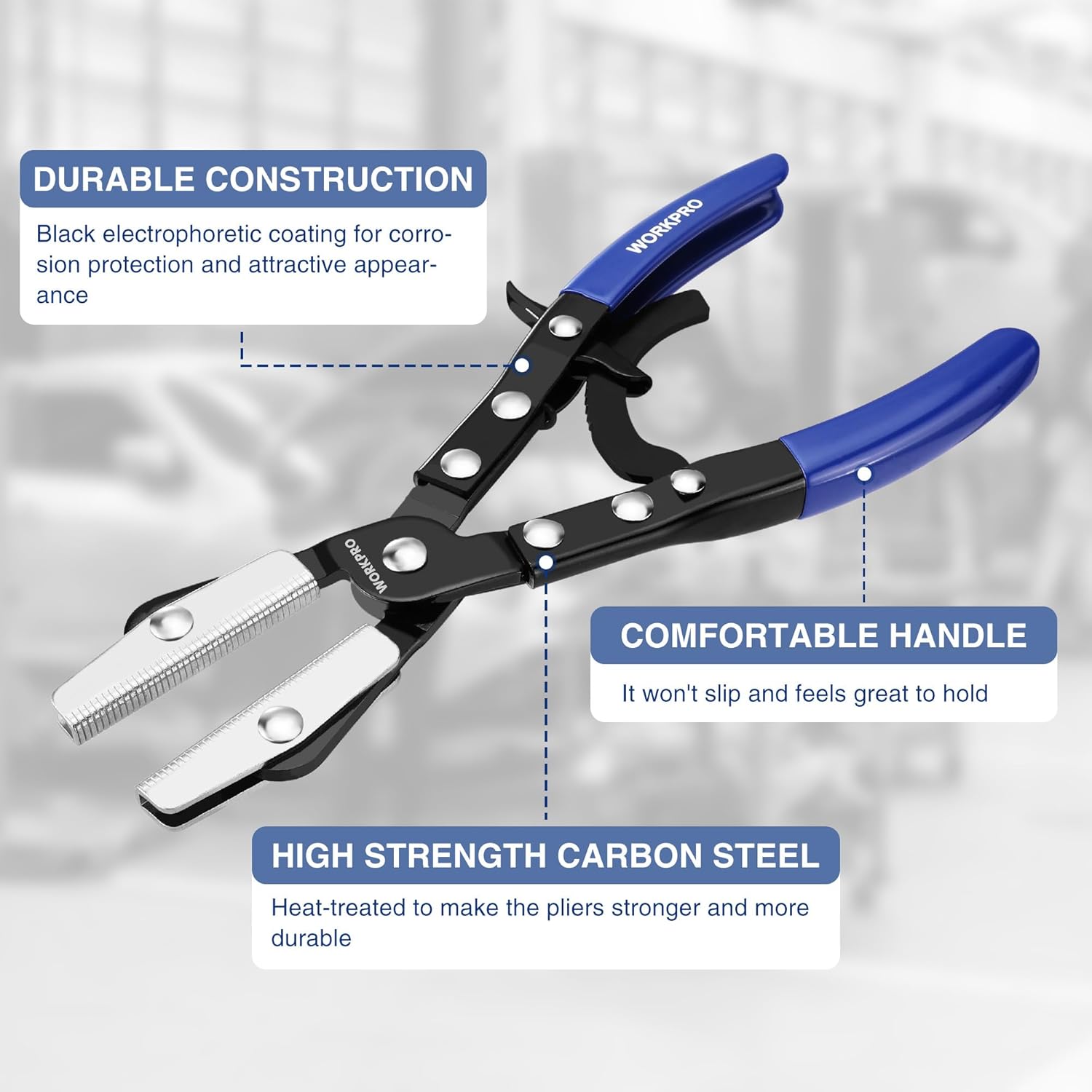 WORKPRO ratcheting hose pinch-off pliers with blue handles and serrated jaws