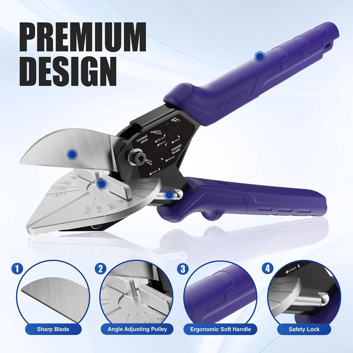 WORKPRO Miter Shears with 4 Anvils & Blade, Quarter Round Cutter Tool | Storage Bag Included; Replacement Blade; 45°-135° Adjustable; 4 Anvils For Cutting PVC Trunk/Trim/Softwood Moulding/Dowels