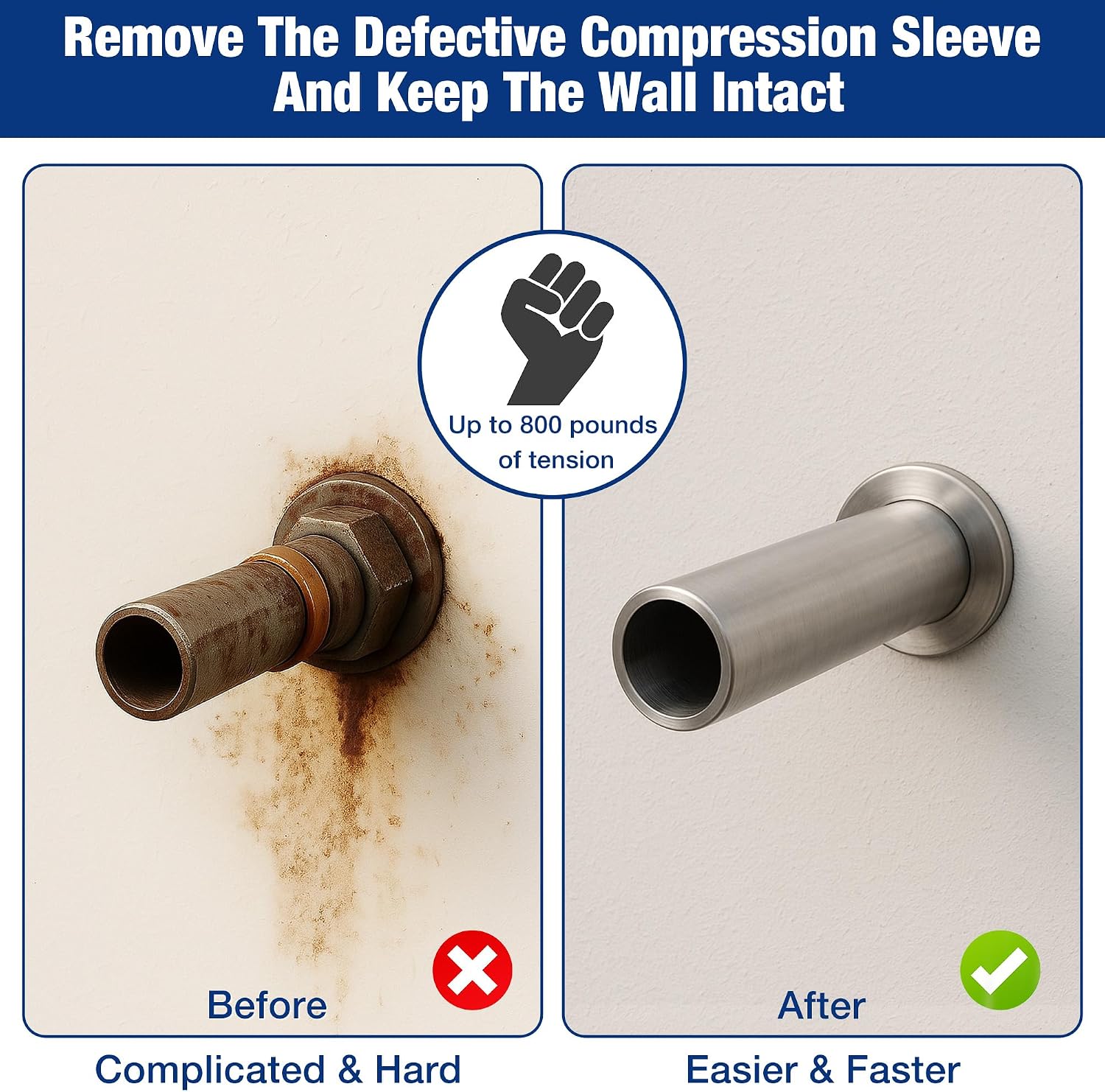 Copper compression sleeve removed from wall pipe end, before-and-after comparison