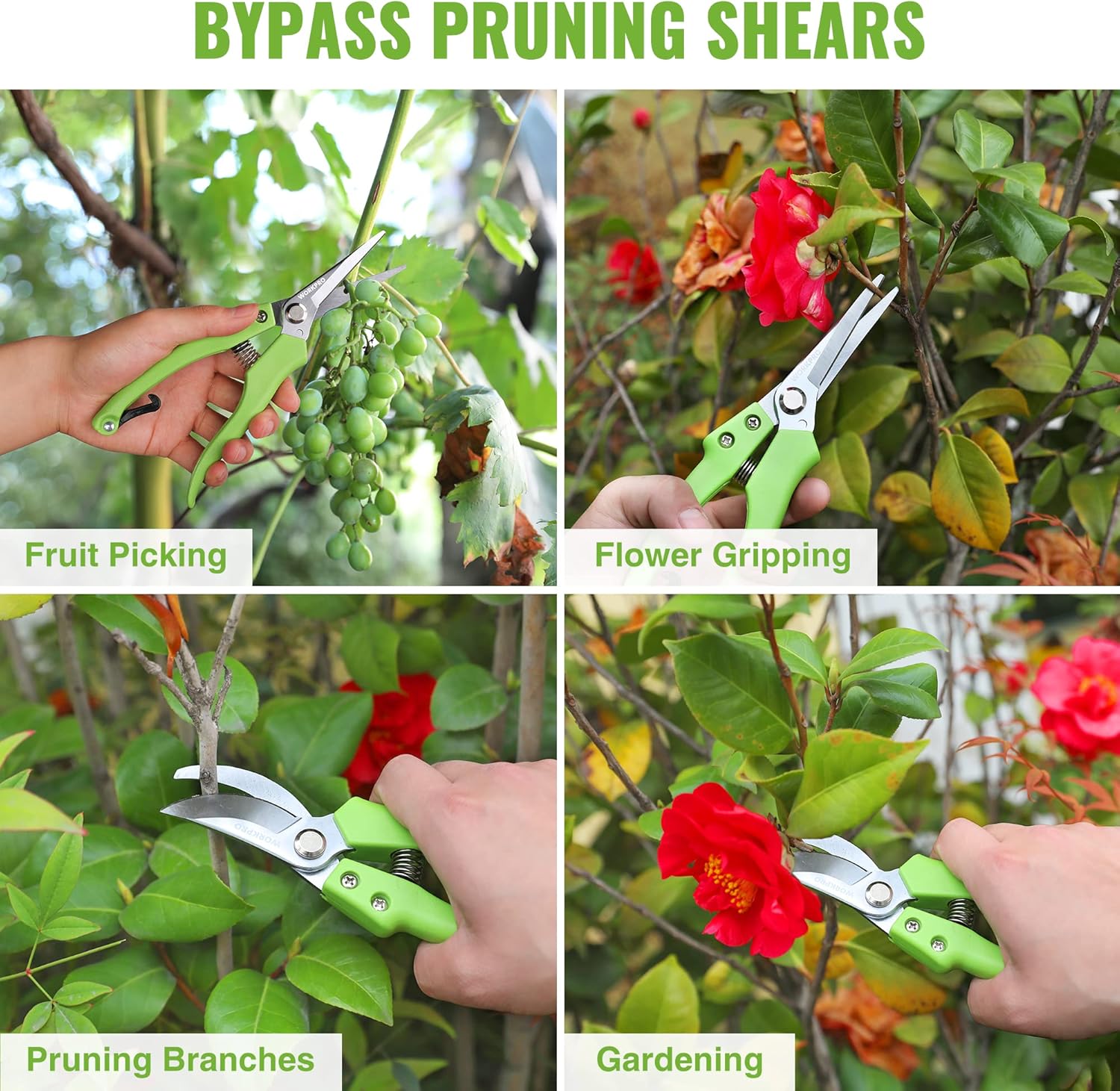 Green bypass pruning shears for trimming branches and flower grepping, shown in garden use