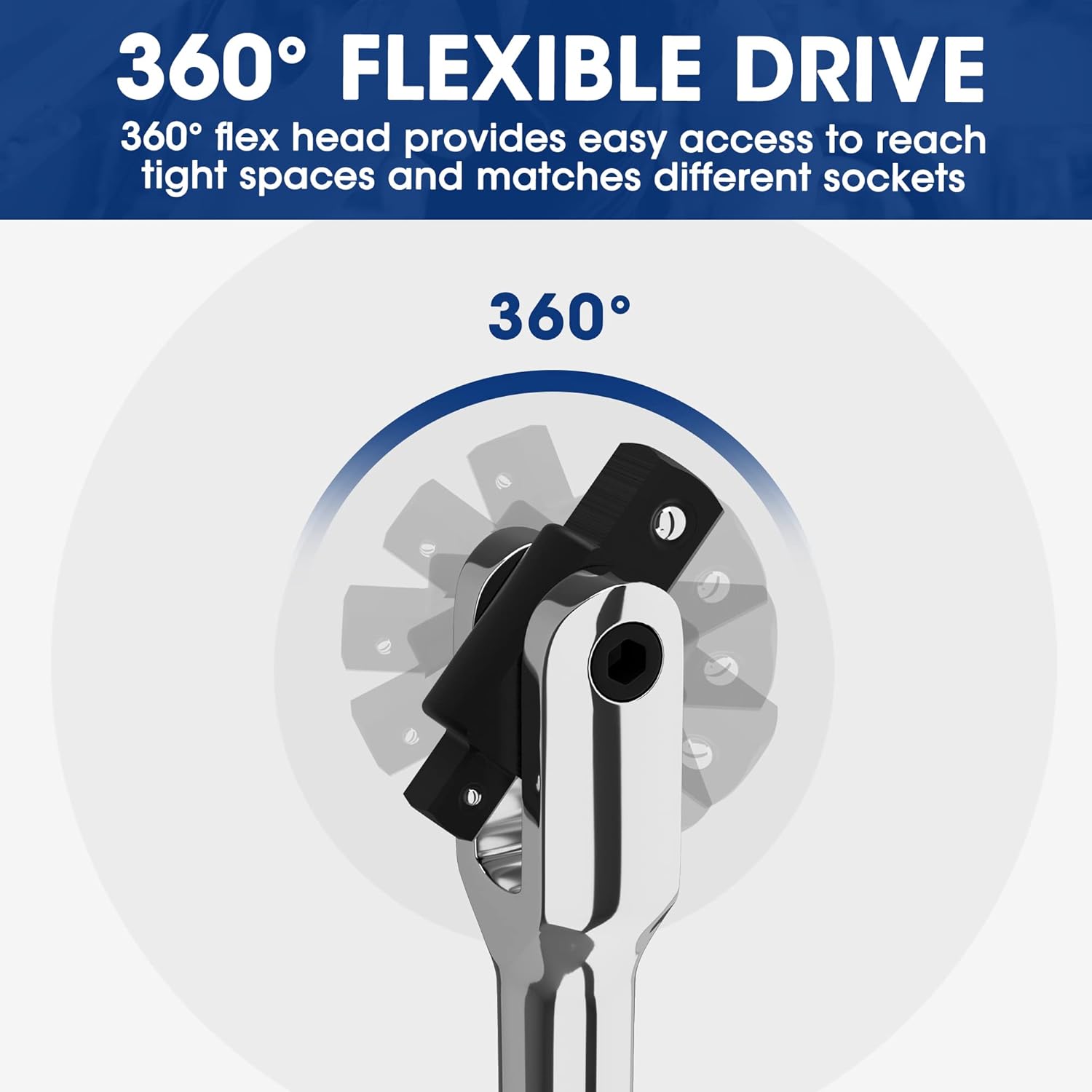 Breaker bar with black 360° flexible drive head for tight-space socket access
