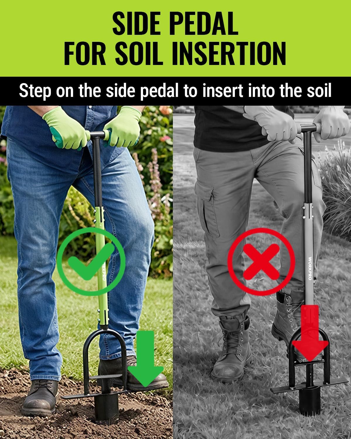Long-handled grass plugger with side pedal for inserting into soil