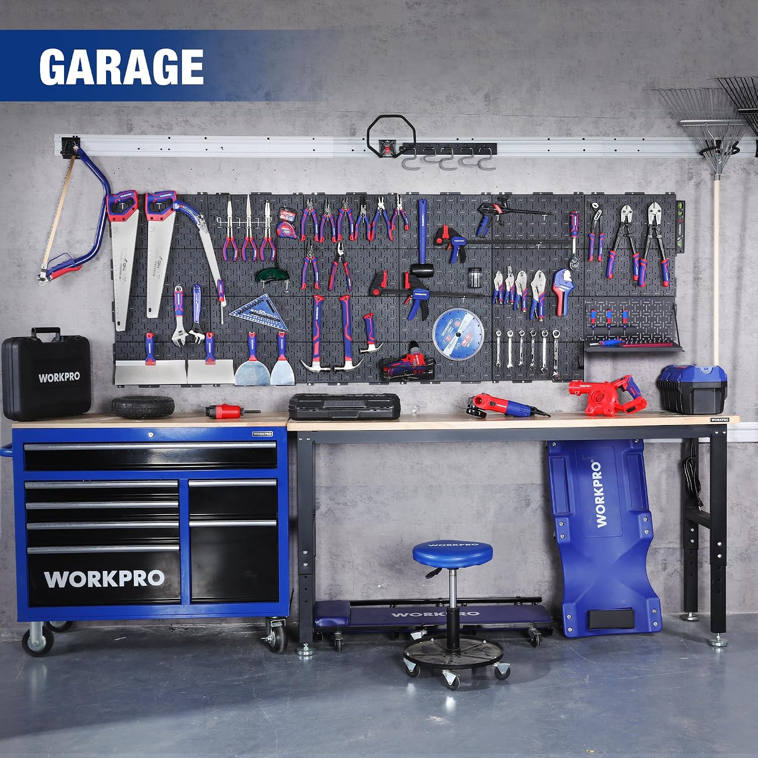 Black metal pegboard wall organizer panel for organizing hand tools on a hole grid
