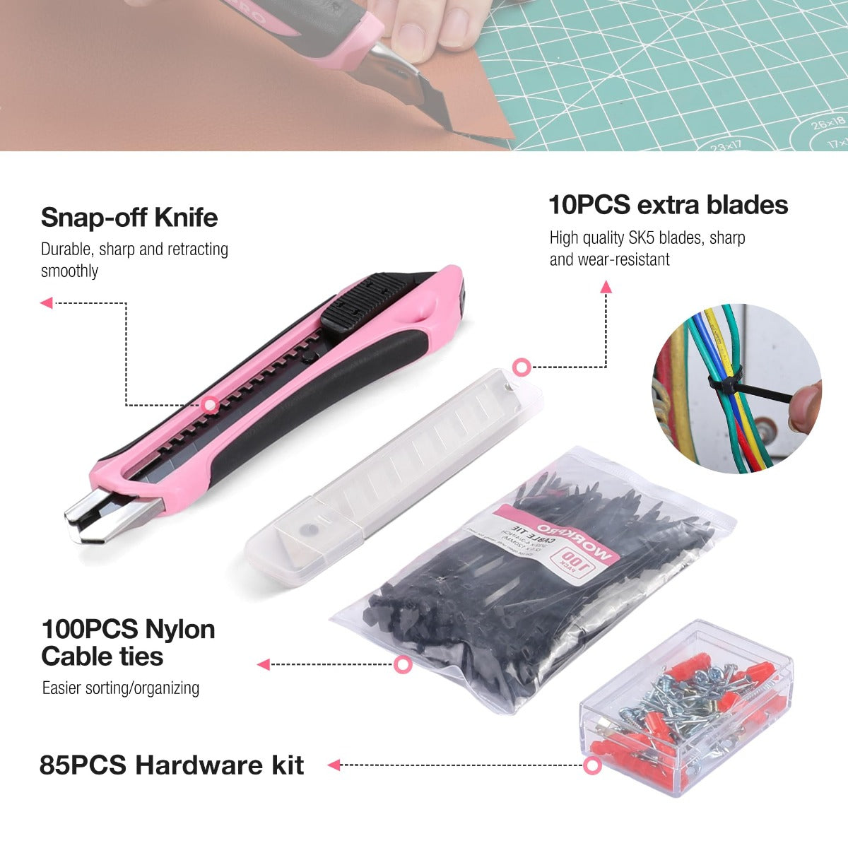 Pink utility knife with extra blades, nylon cable ties, and hardware kit pieces