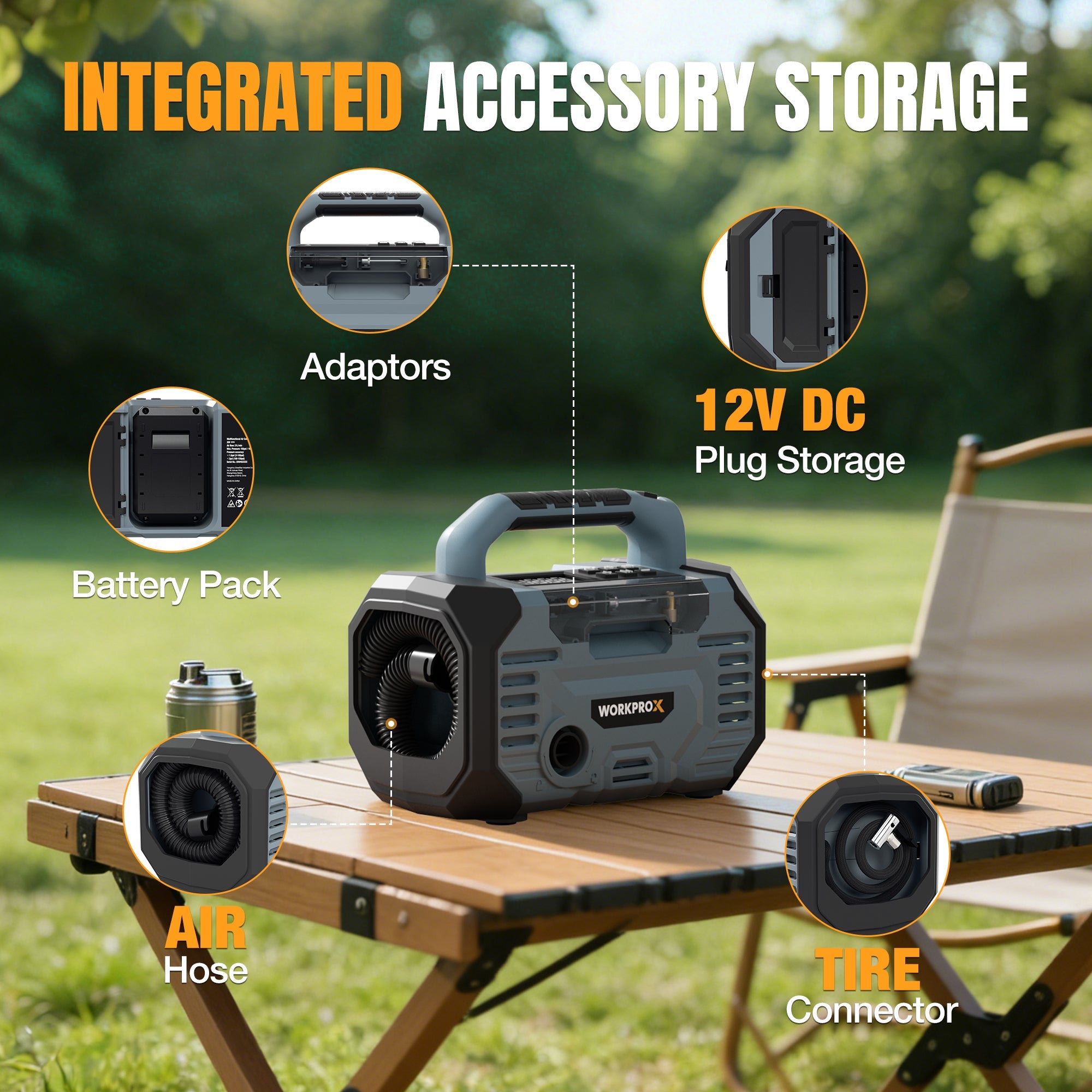 Portable air compressor with storage compartments for battery pack and adaptors.