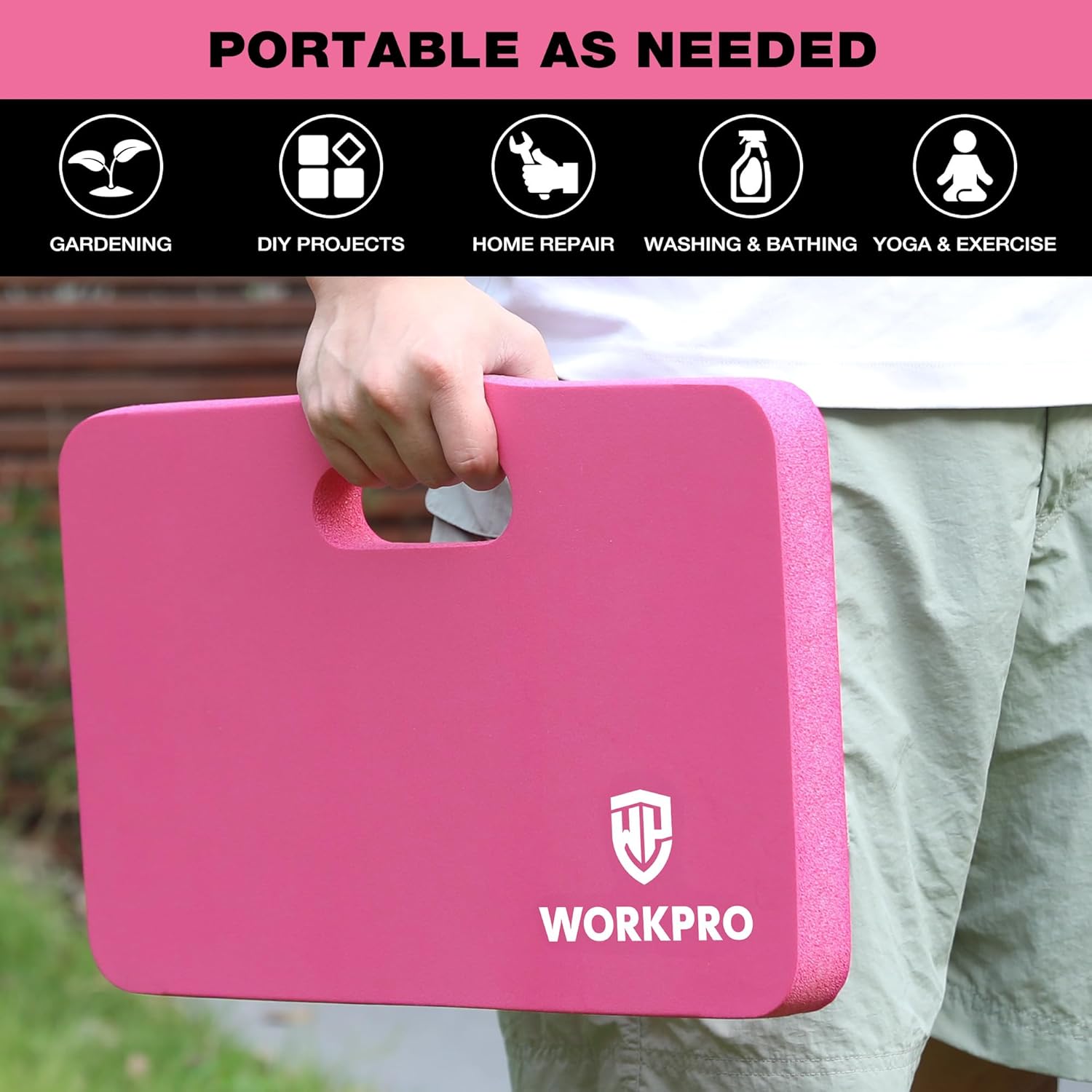 Extra thick foam kneeling pad in pink, portable foldable use with carry handle