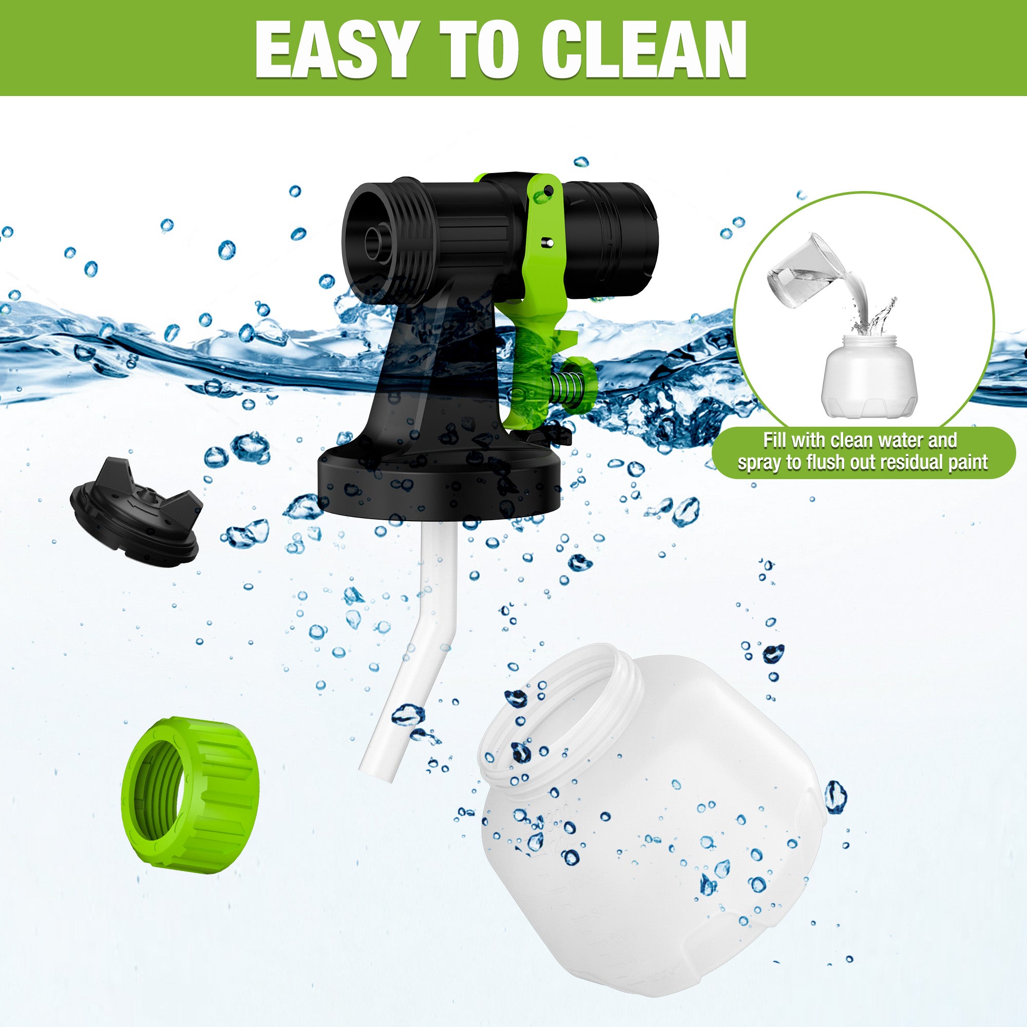 HVLP paint sprayer cleaning feature with fill water illustration and removable front piece