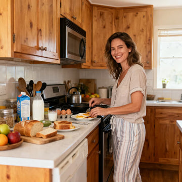Woman in a home kitchen smiling near a microwave, with bread and eggs on the counter, innovation and quality