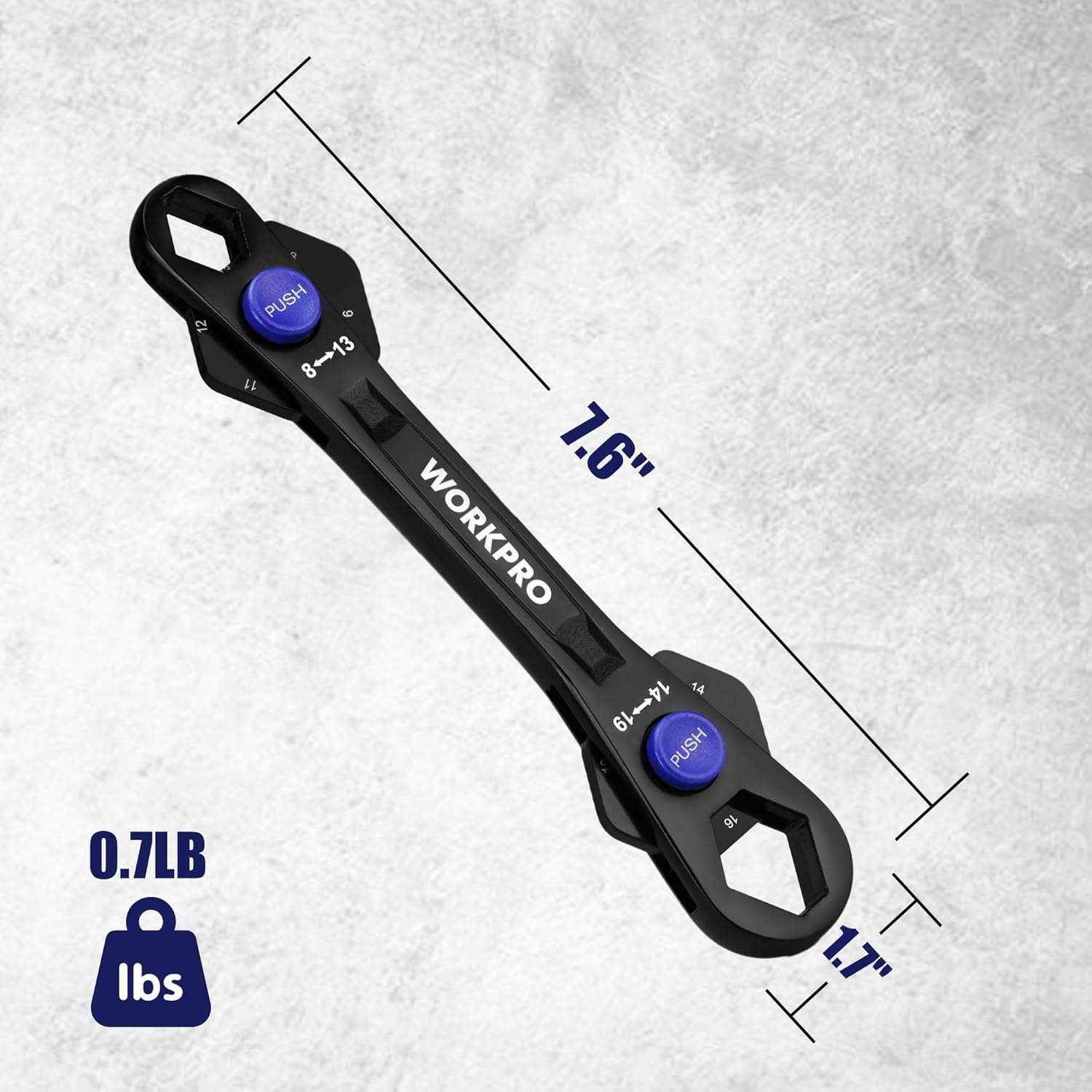 WORKPRO universal adjustable wrench with blue push button, compact 12 in length