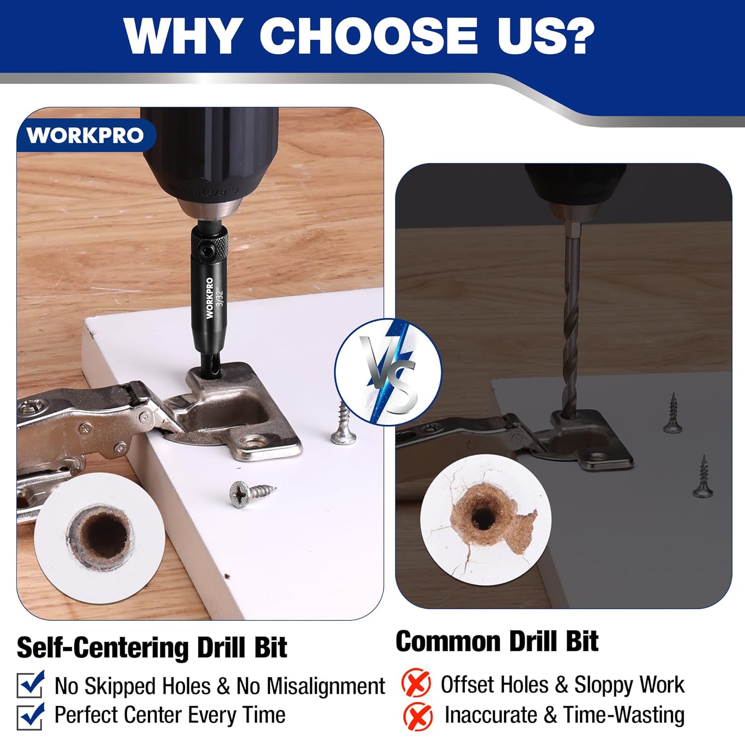 Self-centering drill bit graphic showing cleaner alignment on hinge drilling