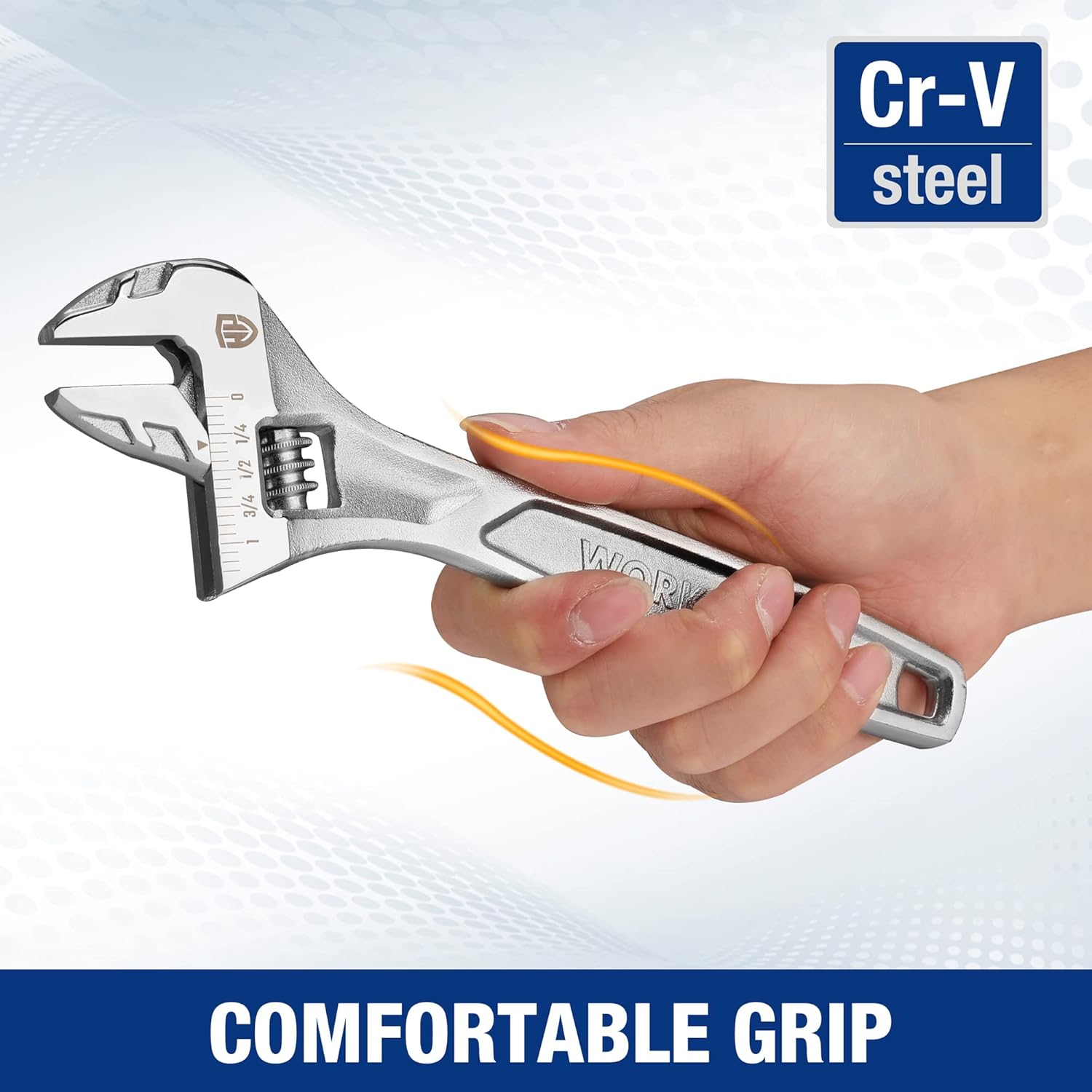 CR-V steel adjustable wrench with orange comfort grip, silver jaw and measurement scale.