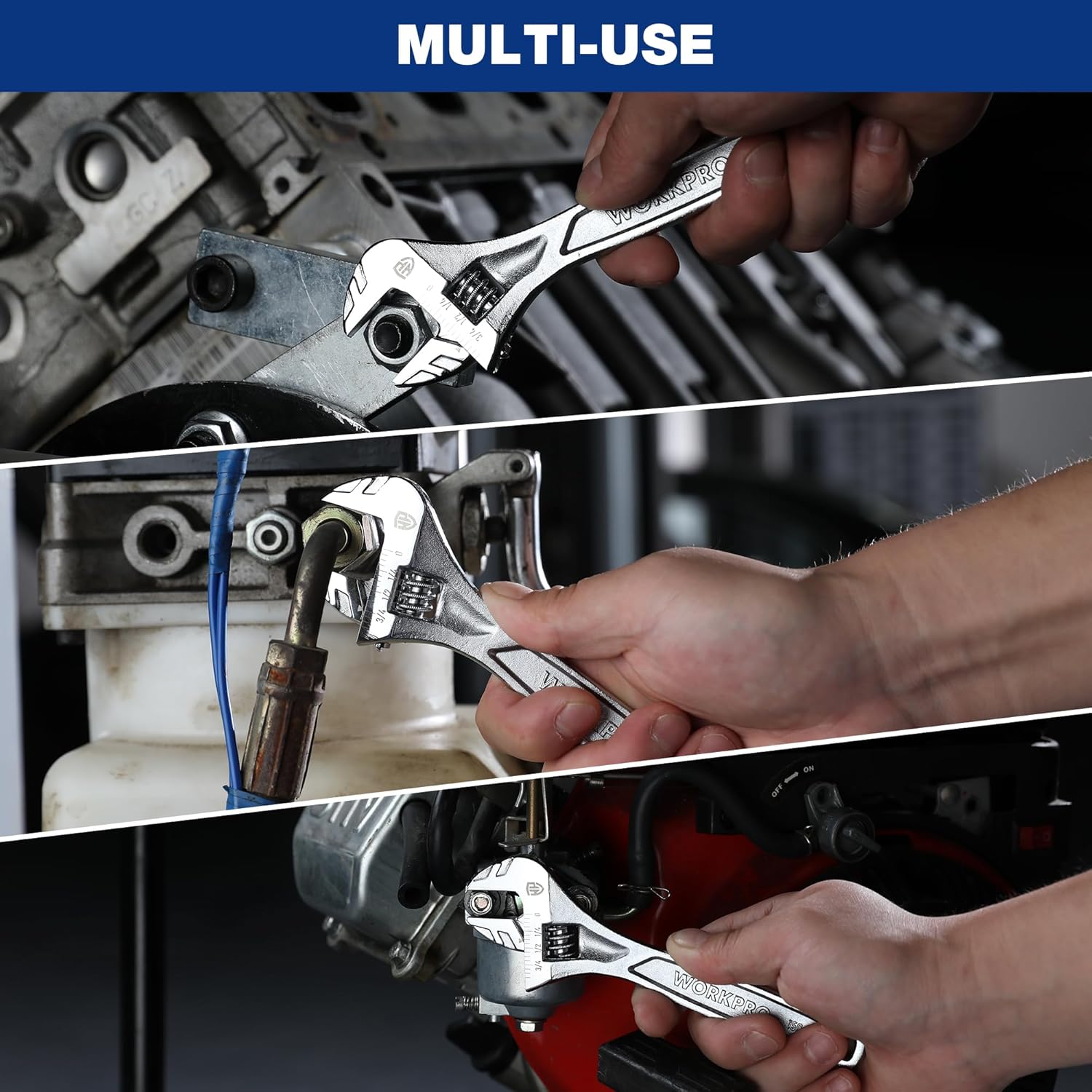 Adjustable wrench in use on metal fasteners, hand holding the 6-inch tool
