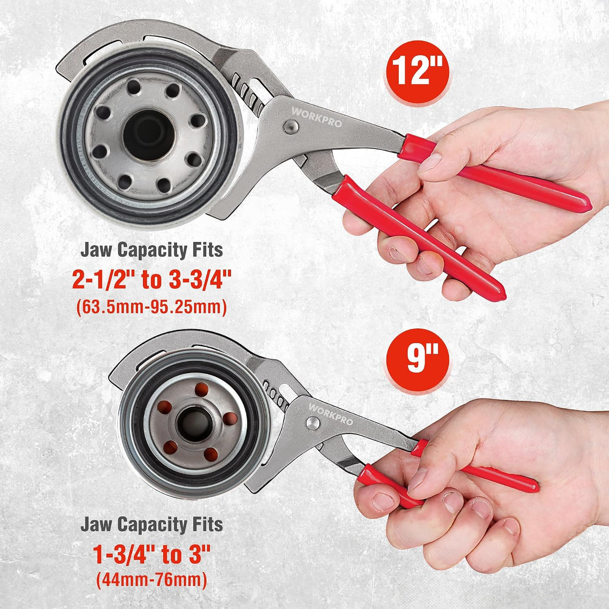 WORKPRO Oil Filter Wrench Set, 9" & 12" Oil Filter Removal Pliers Tools, Red