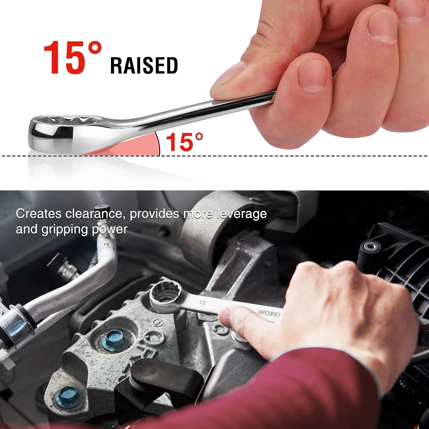 Offset combination wrench with 15-degree angle for improved clearance and leverage.