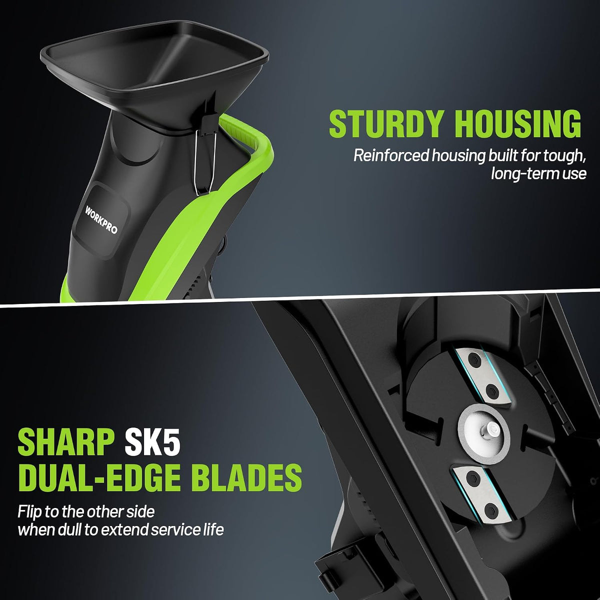 Electric wood chipper with reinforced housing and dual-blade cutting system inside.