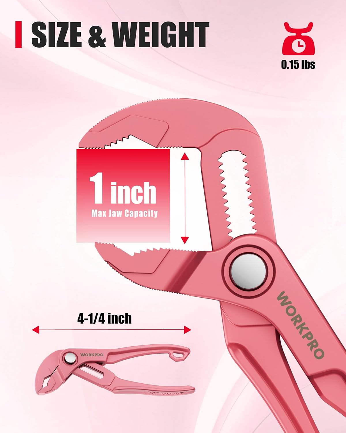 Pink mini water pump pliers with serrated adjustable jaws and circular pivot