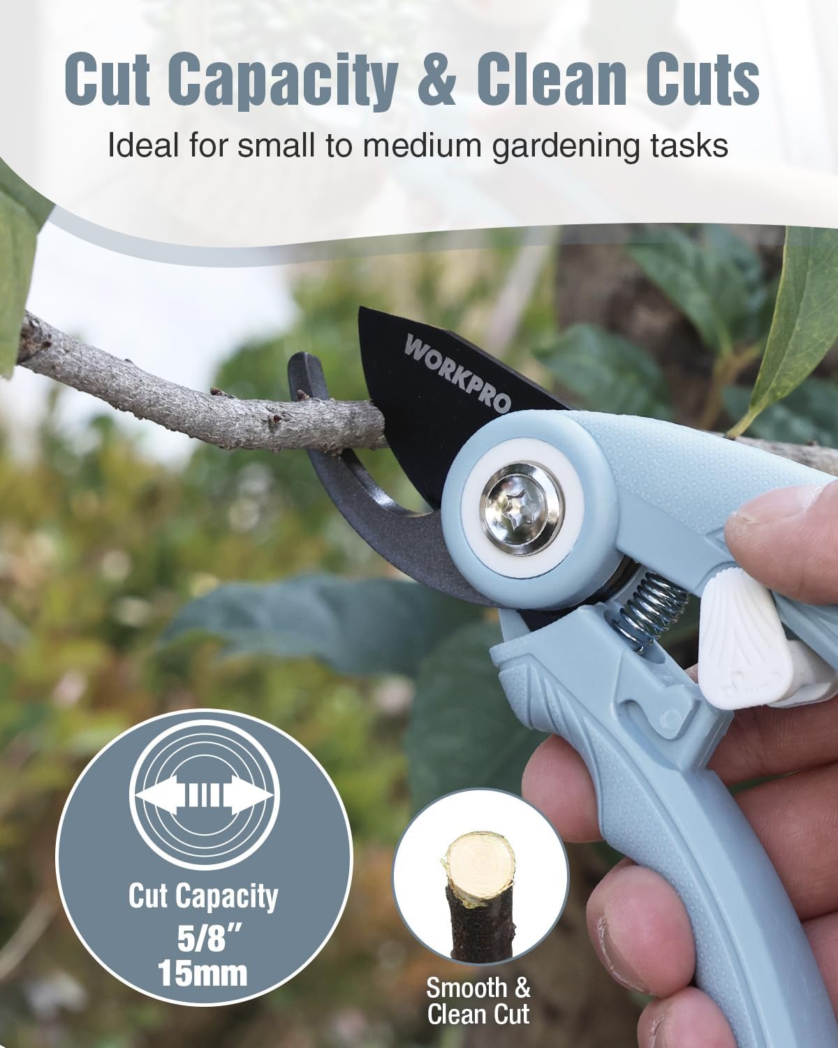 WORKPRO blue bypass pruner with smooth-cut blades, cutting a small branch