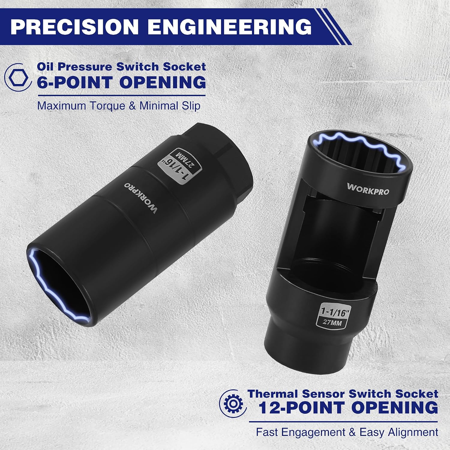 Black oil pressure switch and thermal sensor sockets, 6-point and 12-point adapters