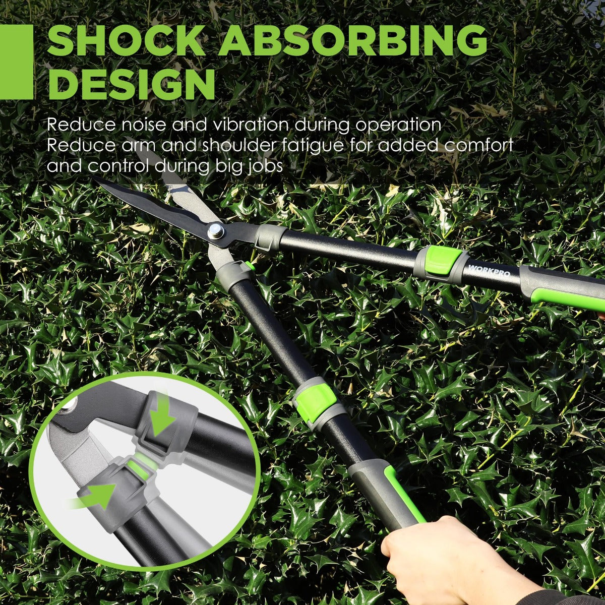 Manual hedge trimmer with shock-absorbing design and green-grip handle