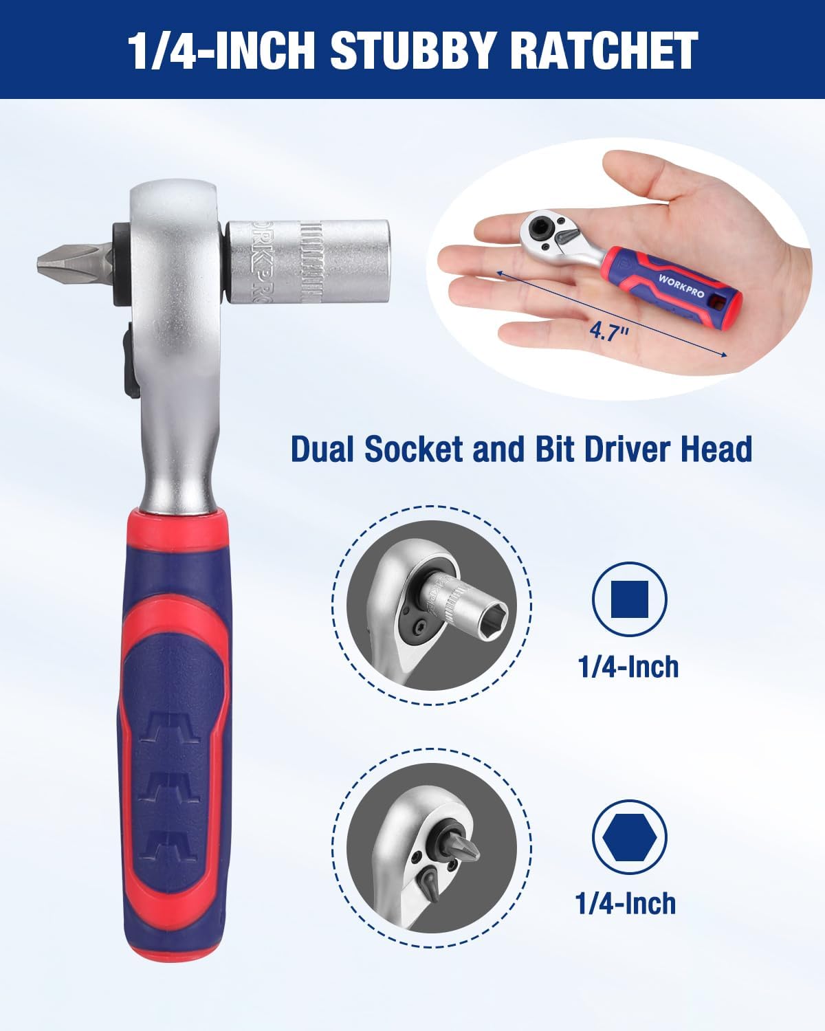 1/4 in stubby dual-head ratchet wrench with dual socket and driver head