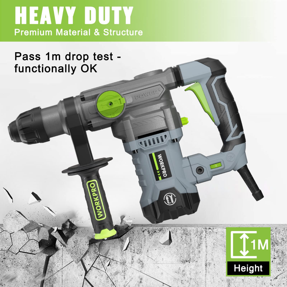 WORKPRO heavy-duty corded rotary hammer drill with side handle, green controls, on rubble