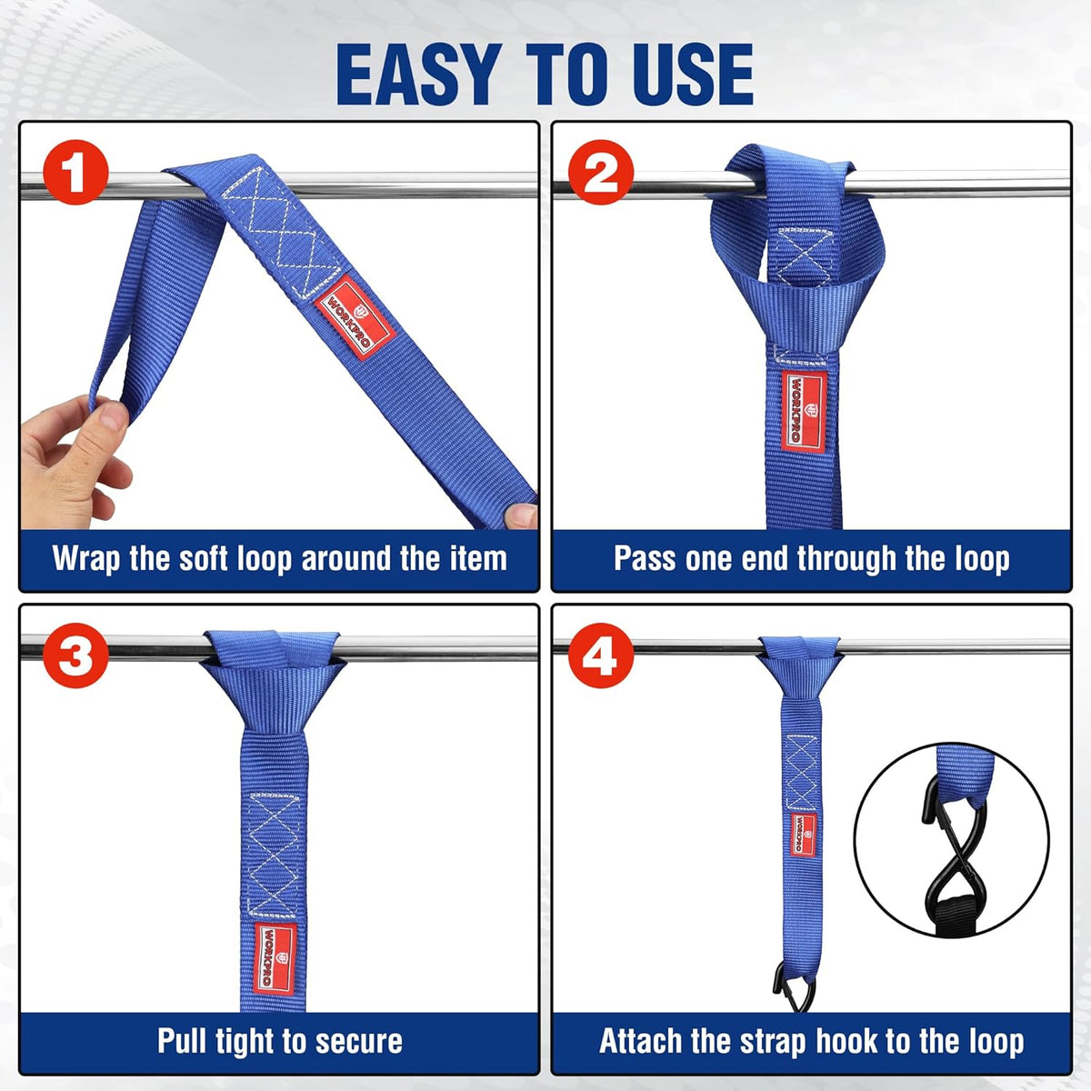 Blue soft loop tie-down strap showing wrap, loop threading, and tightening