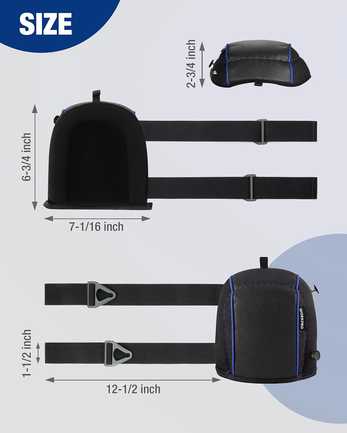 WORKPRO knee pads with foam cushion and two adjustable side straps, size view