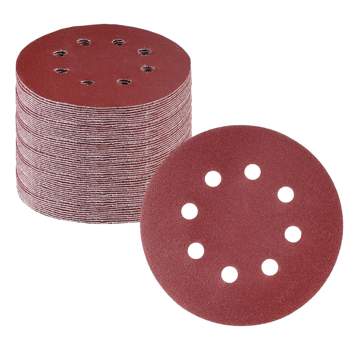 Maroon 5-inch hook-and-loop sanding discs, stacked, with 8 dust holes