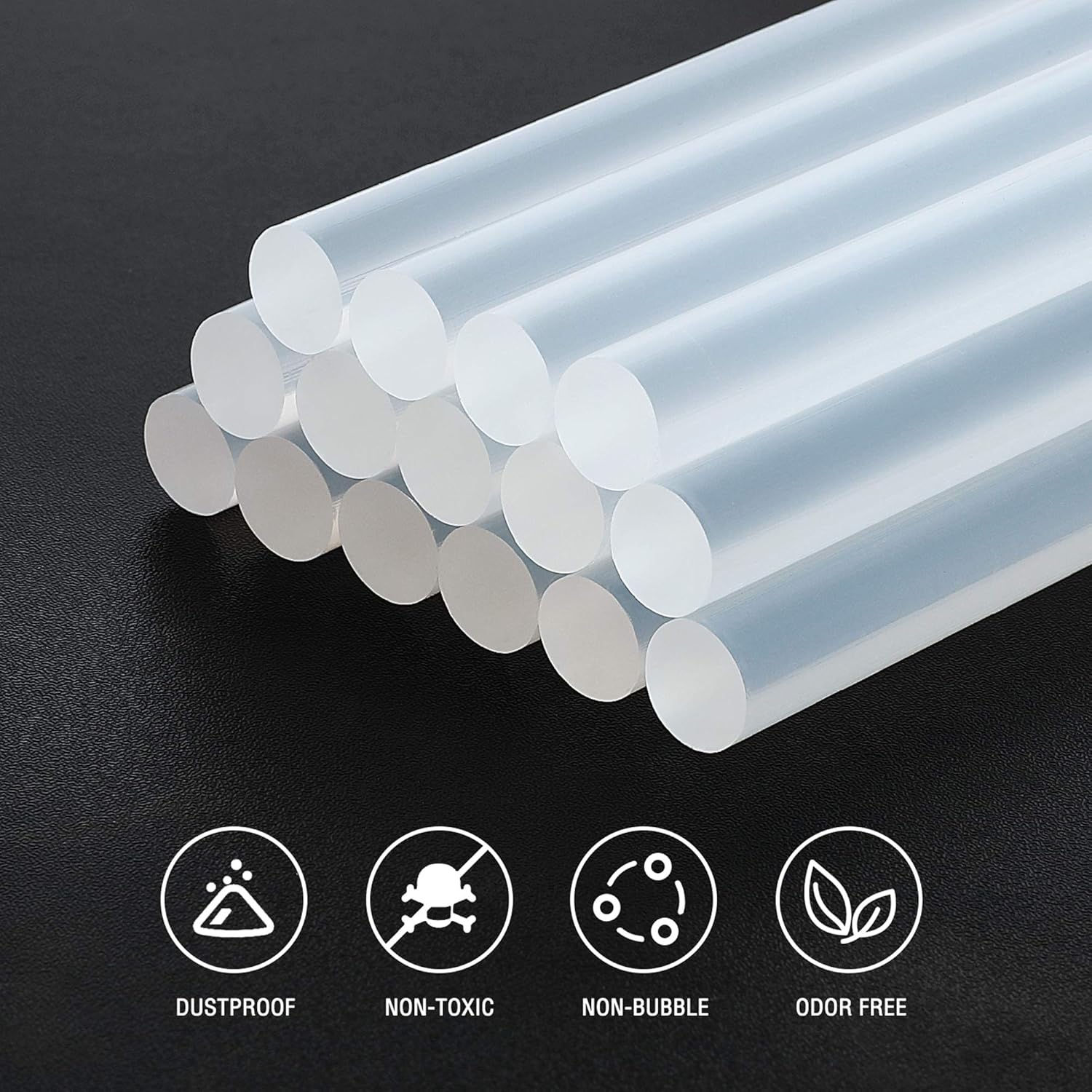 White hot glue sticks close-up, smooth cylindrical shape with non-toxic and odor-free icons