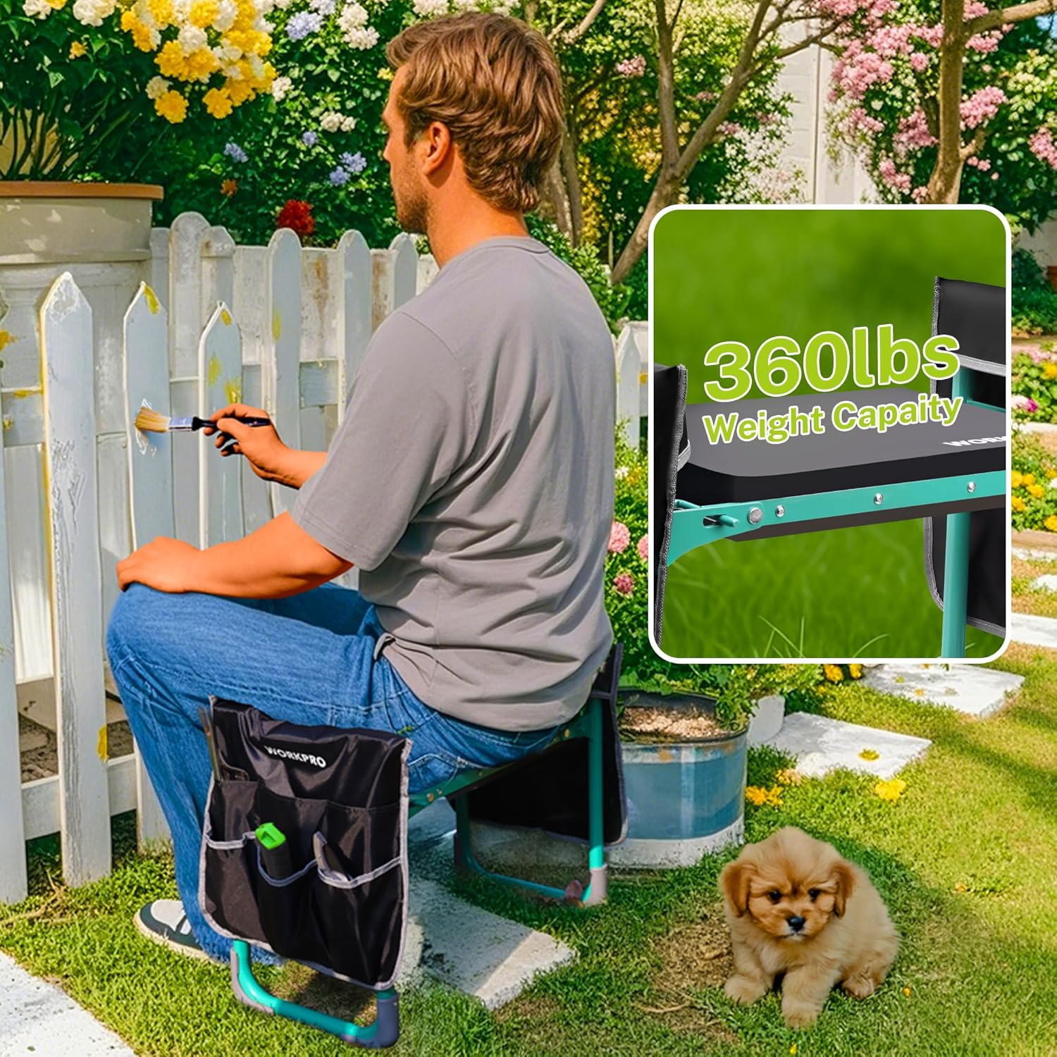 Garden kneeler and seat with teal frame, black tool bags, and cushioned grey platform